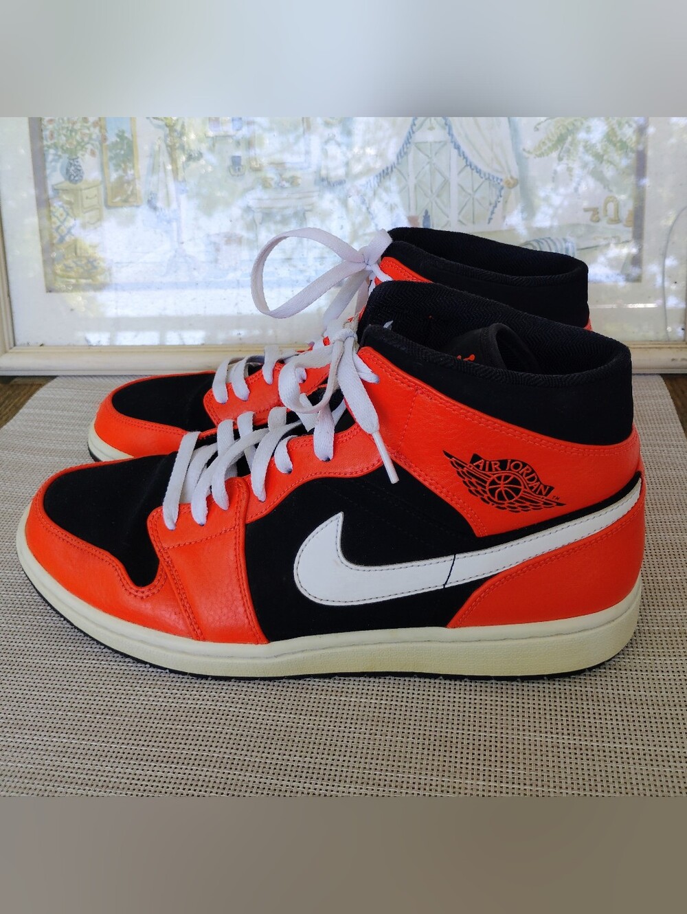 Men's Nike "Air Jordan 1 Mid" "Infrared 23" Red Leather/Black Sneakers. Size 11.